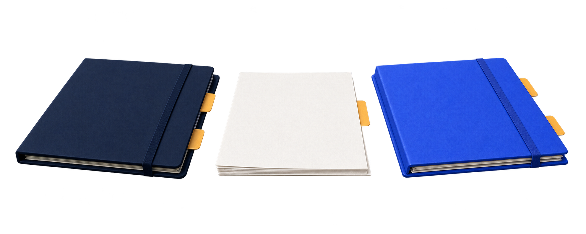 Separate navy and blue project folios around a blank shared assignment sheet with amber review tabs.