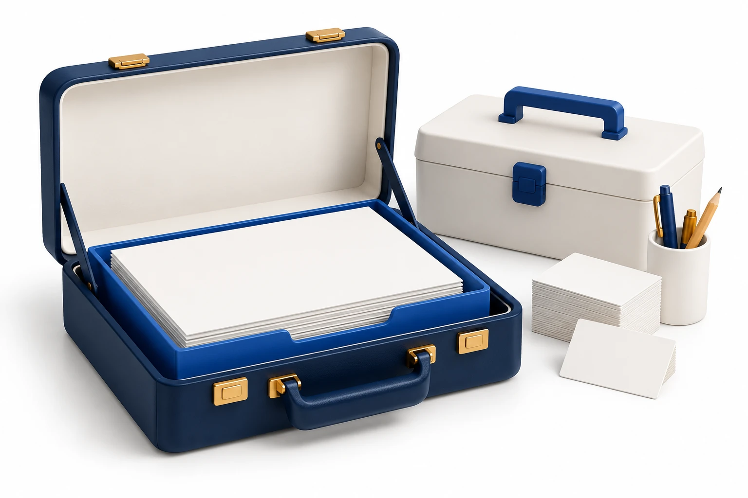 An open navy case holds blank page sheets beside a closed tool box and loose cards.