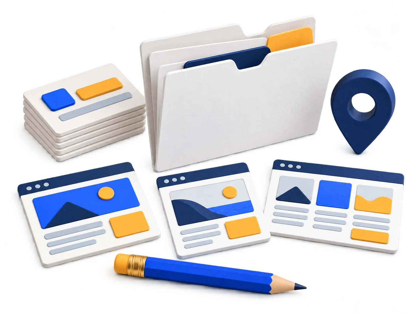 Source record cards, a planning folder, distinct website pages and a navy location pin beside a blue pencil.