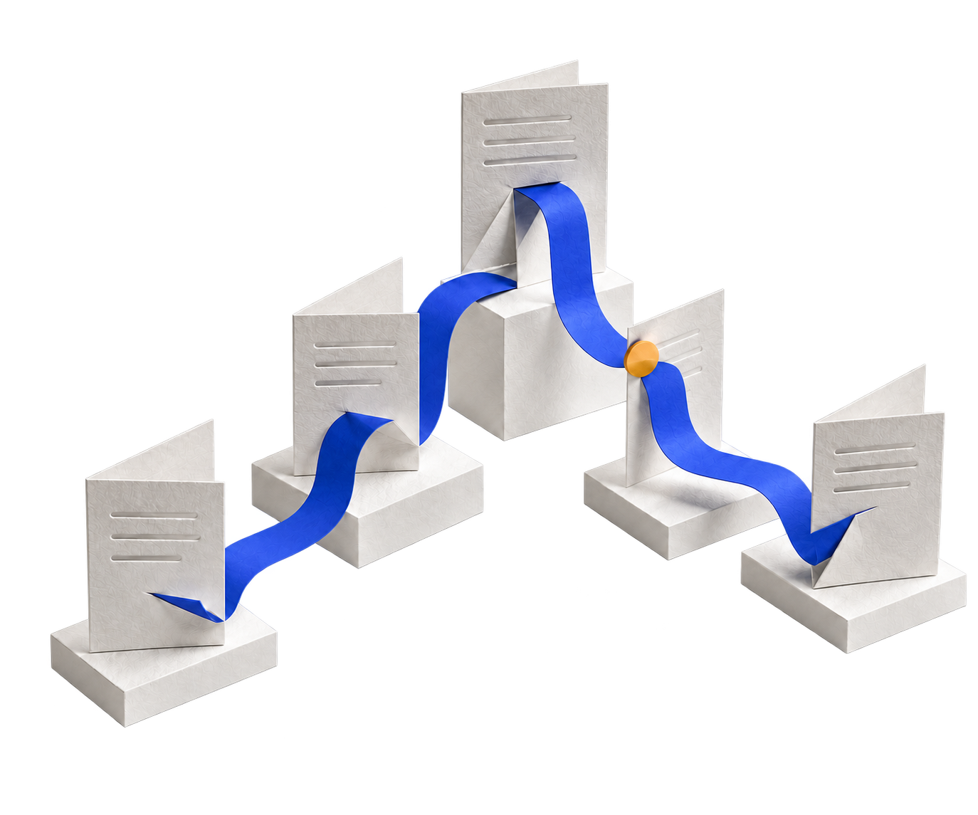 Five folded website pages on stepped plinths joined by a blue ribbon with an amber marker.
