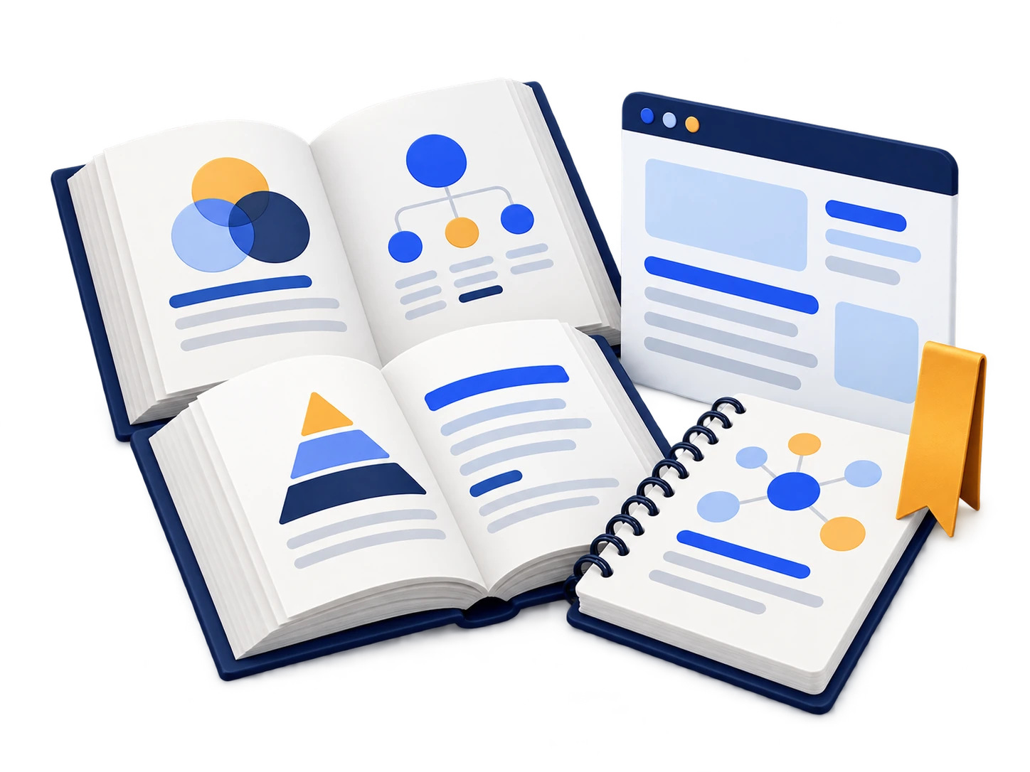 Open reference books beside a research notebook and a small website page.