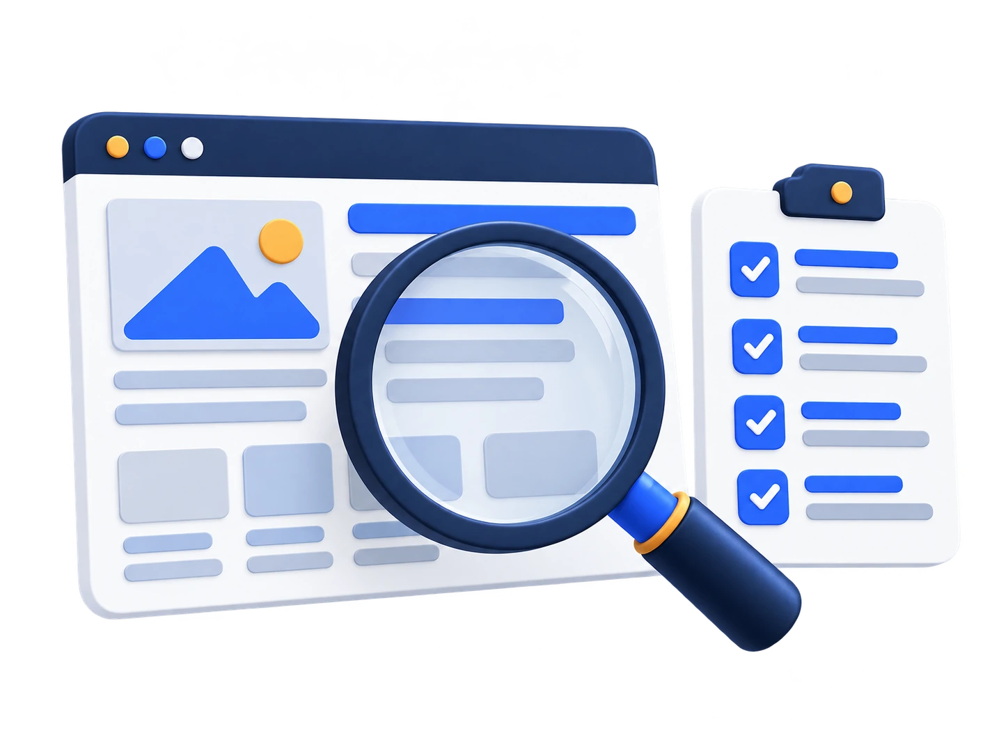 Magnifying glass over a website page beside a review checklist.
