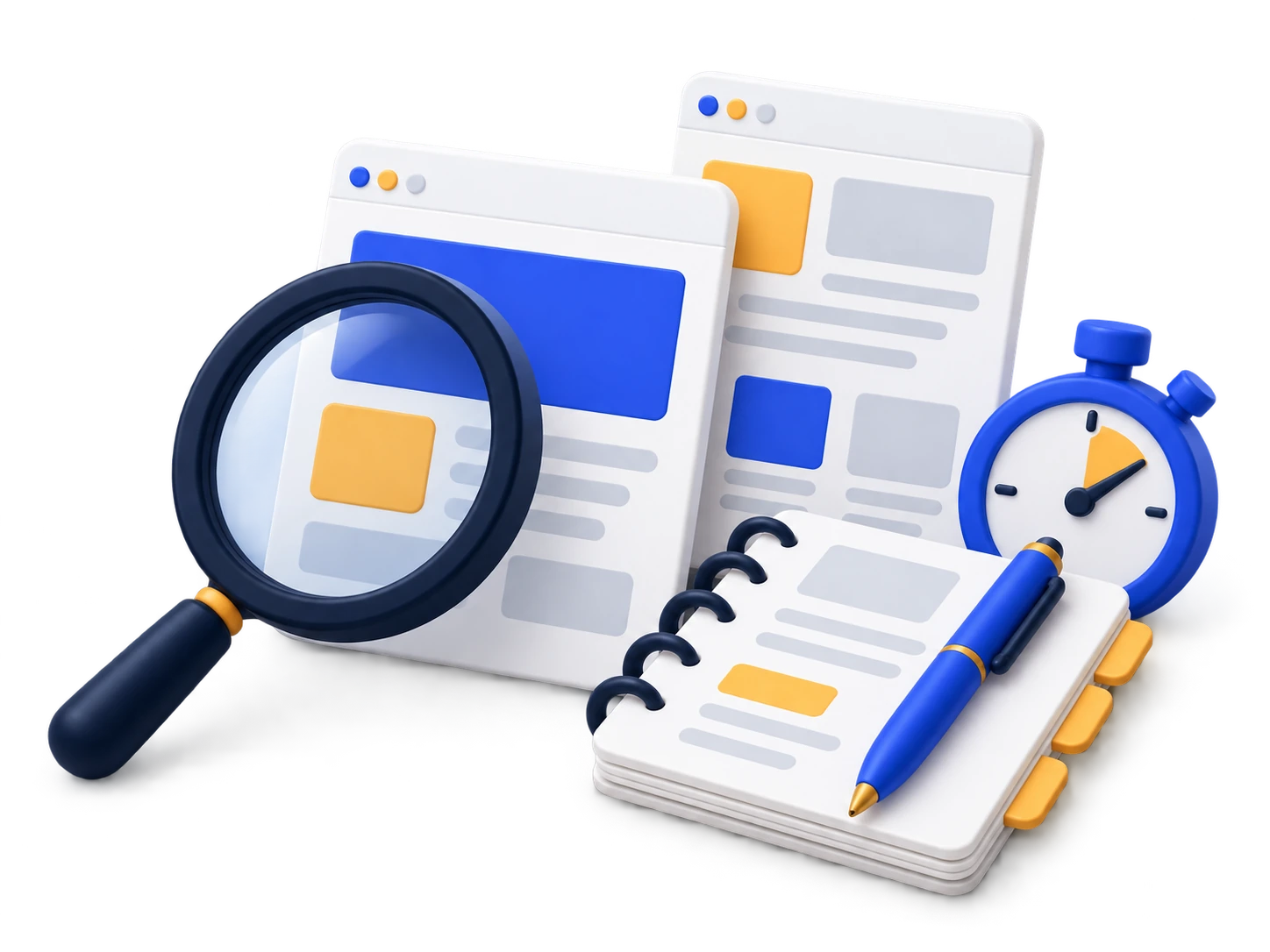 Magnifying glass beside website page folios, a stopwatch and a review notebook with a blue pen.