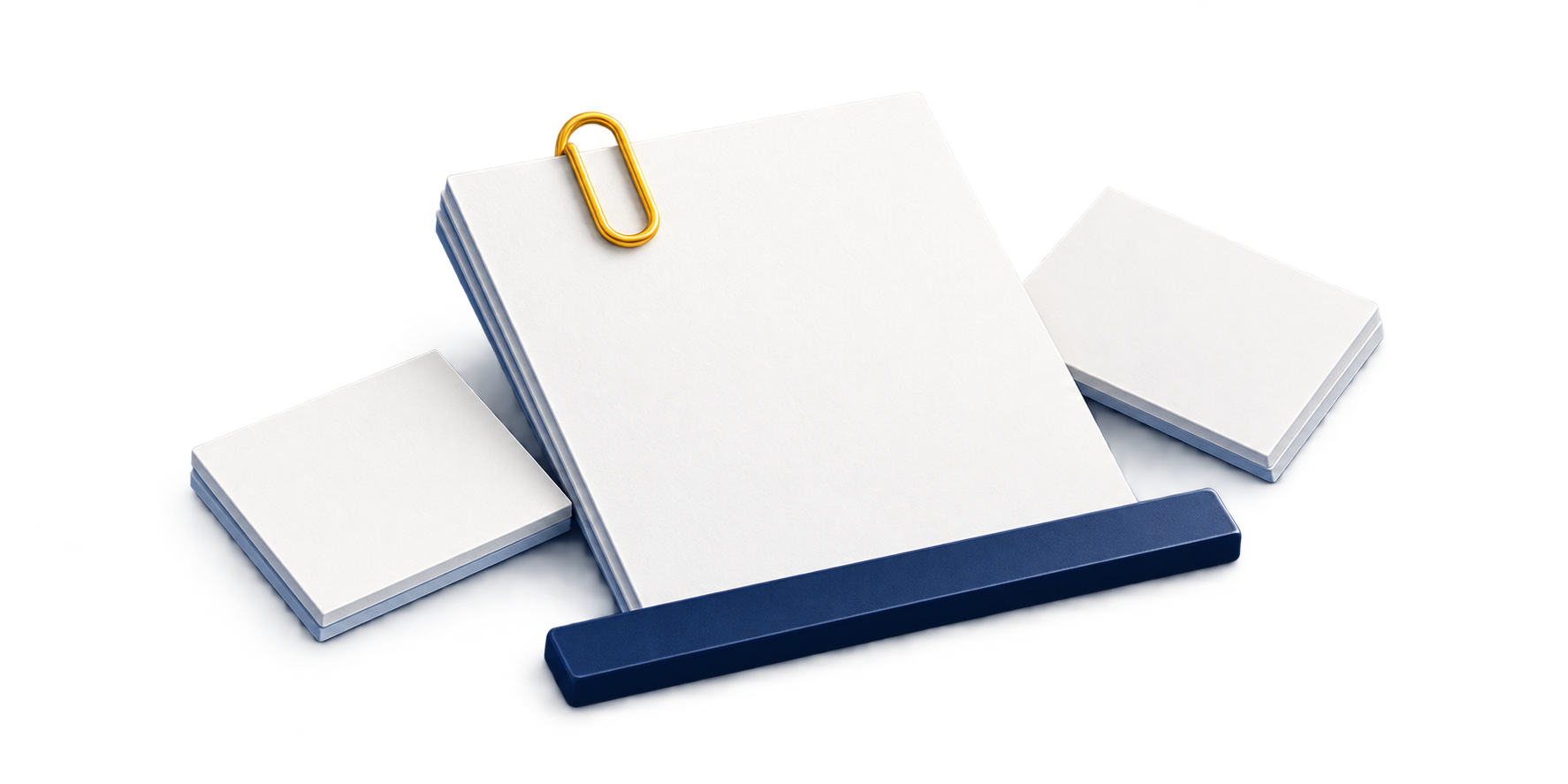 Blank project scope sheet and page cards beside an unmarked navy straightedge and amber clip.